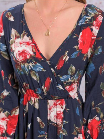Autumn Floral V-Neck Long Sleeves Bohemia Maxi Dress