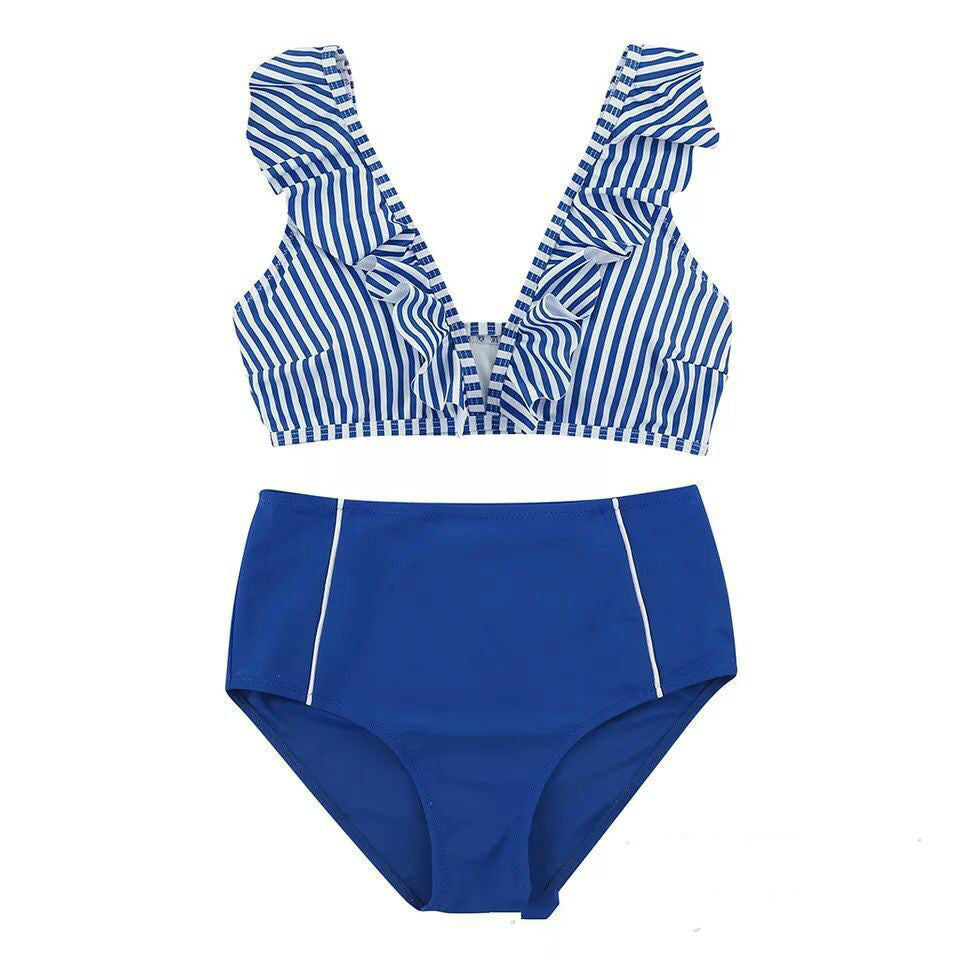 Bikini Stripe Solid Color Lotus Leaf Flash High Waist Split Swimsuit