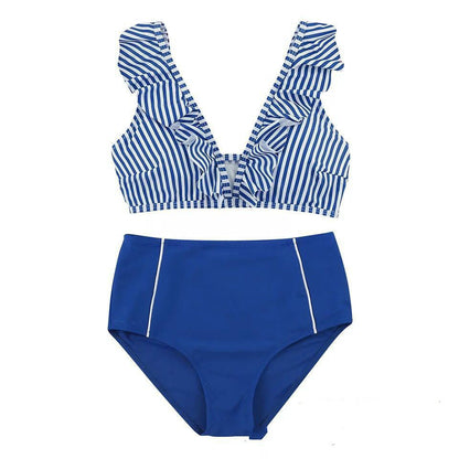 Bikini Stripe Solid Color Lotus Leaf Flash High Waist Split Swimsuit