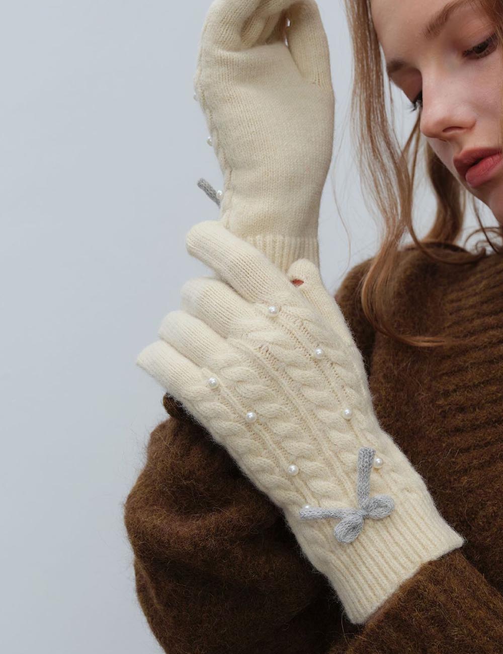 Solid Color Bow Knot Wool Winter Gloves