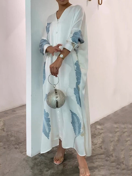 Long Sleeves Loose Buttoned Contrast Color Flower Print Leaves Print Muslim Split-Side V-Neck Evening Dresses Maxi Dresses Muslim Abaya