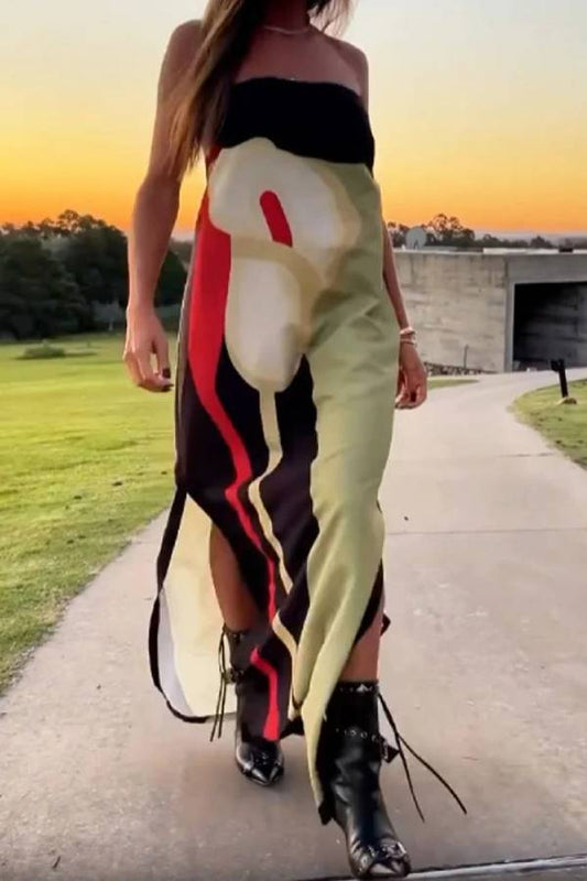 Fashion Art Print Strapless Split Dress