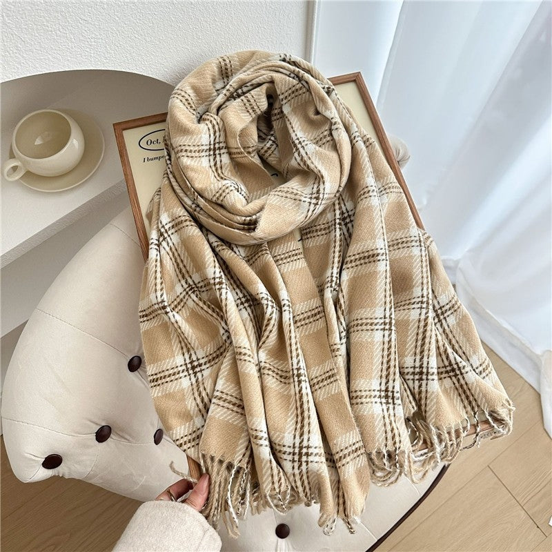 Color Block Plaid Fringe Scarf