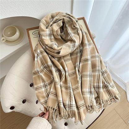 Color Block Plaid Fringe Scarf
