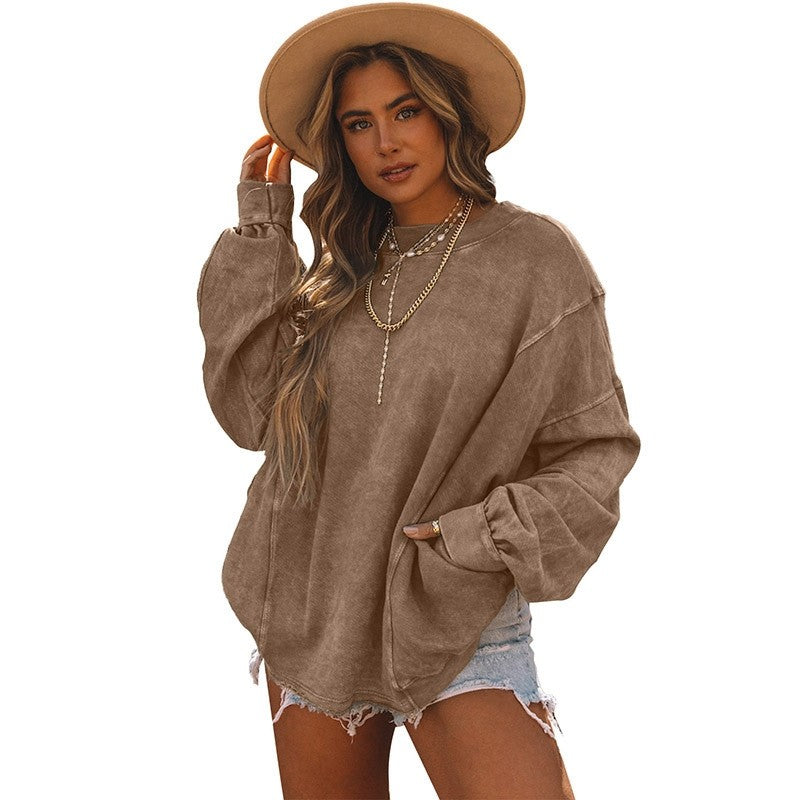 Loose-Fit Minimalist Solid Color Ribbed Cuff Sweatshirt