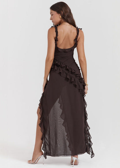 Ruffled High Slit Gown Dark Brown Satin