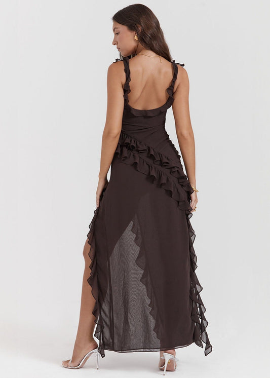 Ruffled High Slit Gown Dark Brown Satin
