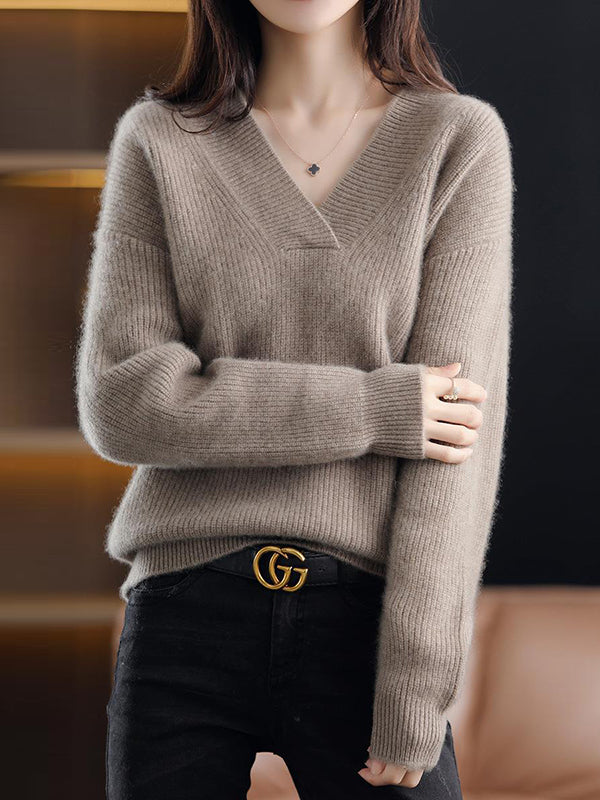 Loose Long Sleeves Solid Color V-Neck Sweater Tops
