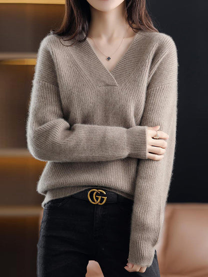 Loose Long Sleeves Solid Color V-Neck Sweater Tops