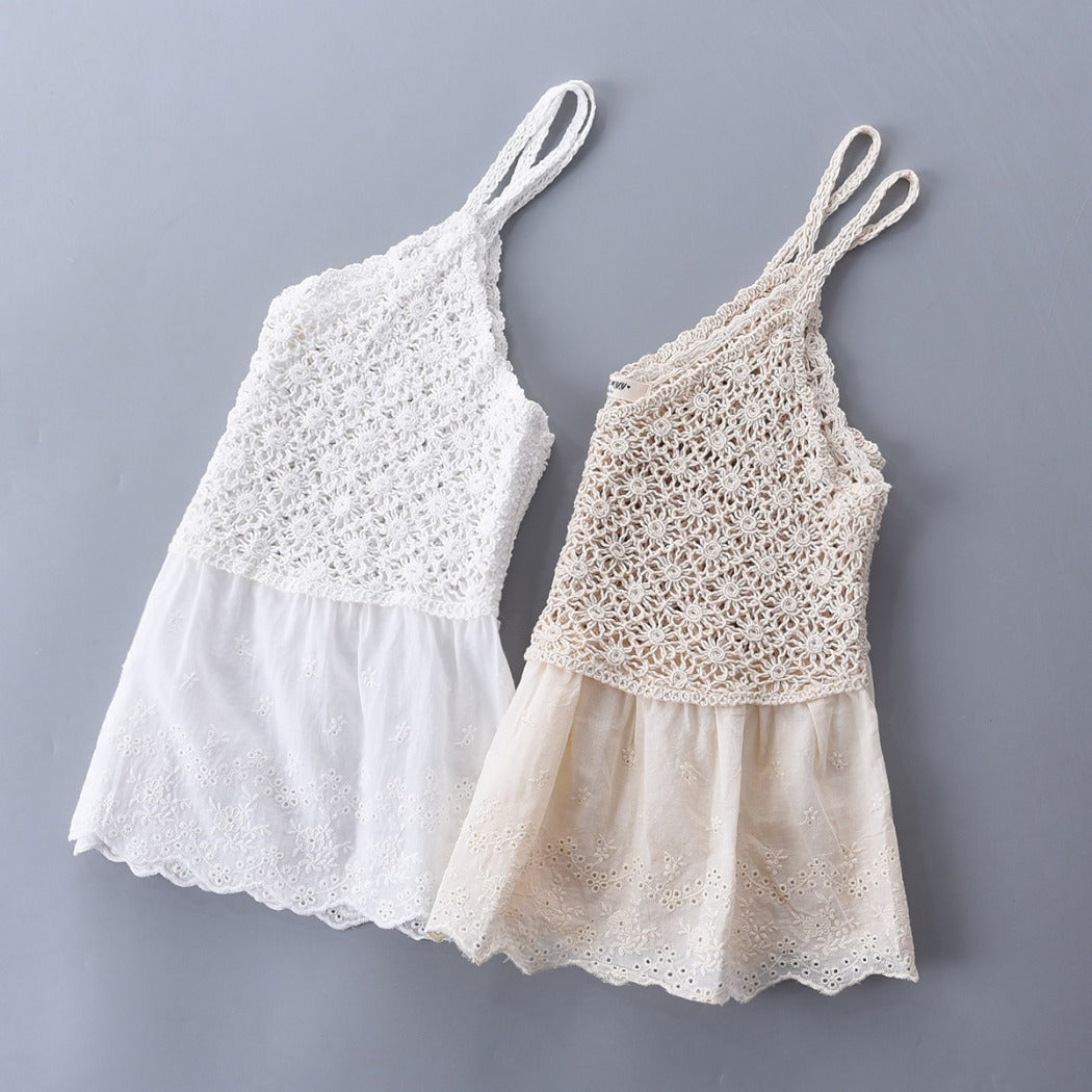 Vesty - Lace-Knit V-Neck Cami Top - White &amp; Beige