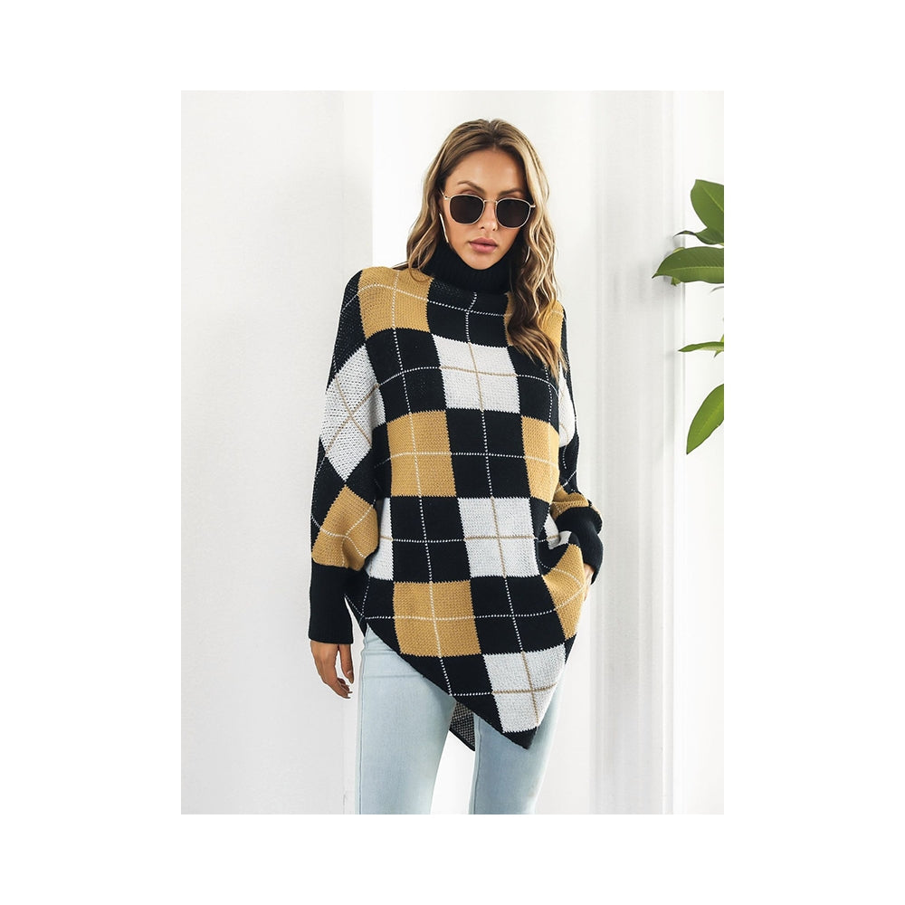 Casual Loose Batwing Sleeves Checkerboard High-Neck Sweater Tops