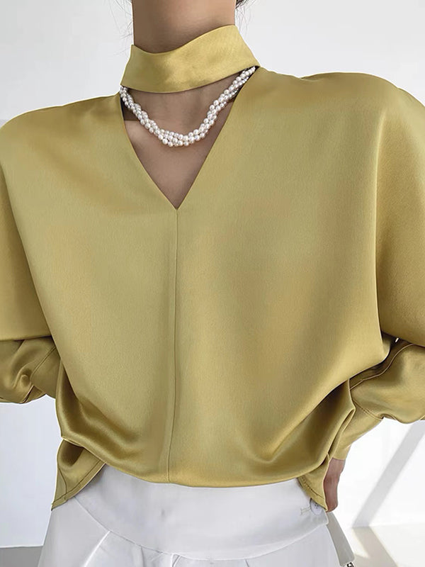Wrap Hollow Solid Color V-Neck Blouses&Shirts Tops