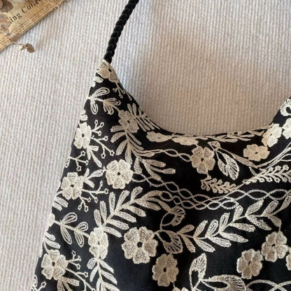 Cosbai - Embroidered Flower Shoulder Tote Bag - Basic &amp; Simple