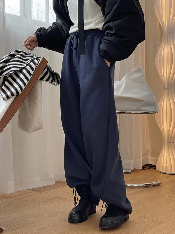 Simple Solid Color Drawstring  Waist Velvet Casual Wide Leg Pants