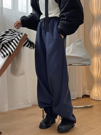 Simple Solid Color Drawstring  Waist Velvet Casual Wide Leg Pants