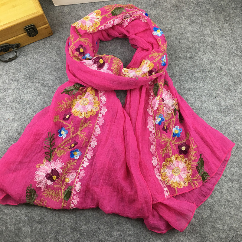 Embroidery Linen Flower Shawl Cotton And Linen Versatile Long Sunscreen Travel Scarf