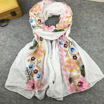 Embroidery Linen Flower Shawl Cotton And Linen Versatile Long Sunscreen Travel Scarf