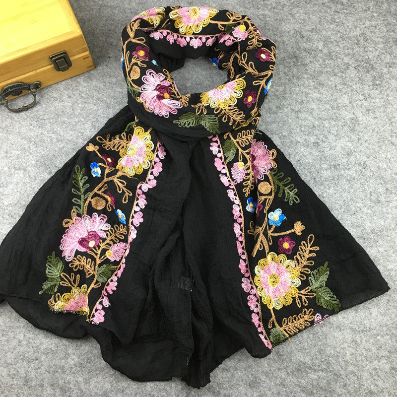 Embroidery Linen Flower Shawl Cotton And Linen Versatile Long Sunscreen Travel Scarf