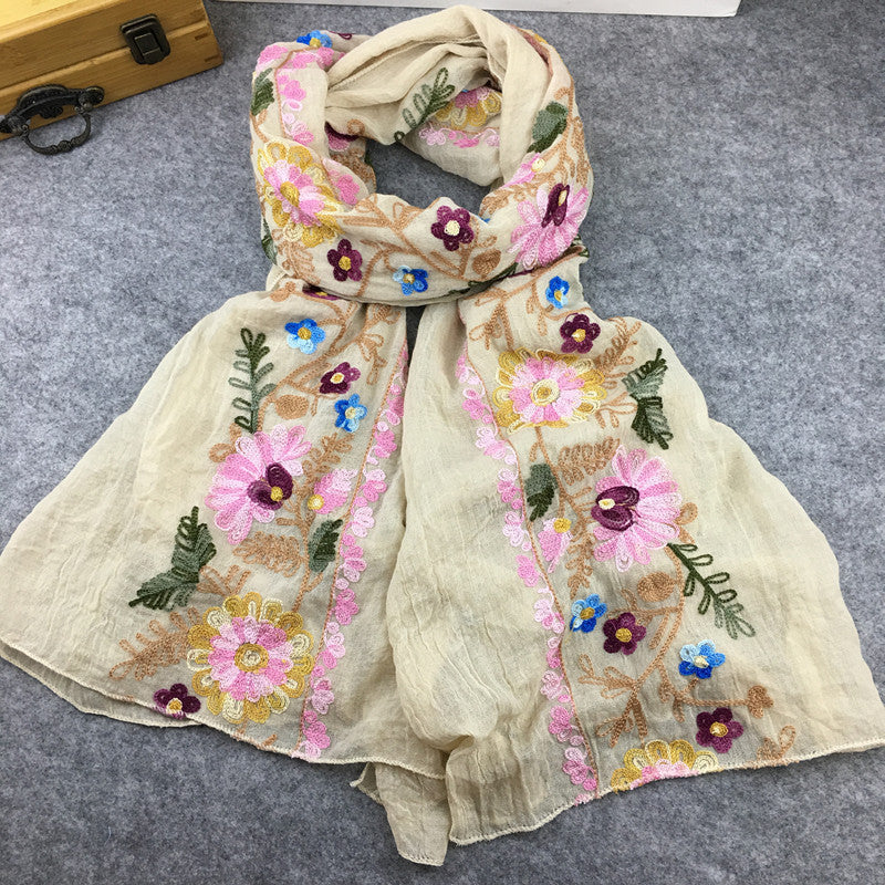 Embroidery Linen Flower Shawl Cotton And Linen Versatile Long Sunscreen Travel Scarf