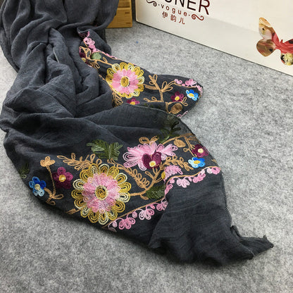 Embroidery Linen Flower Shawl Cotton And Linen Versatile Long Sunscreen Travel Scarf