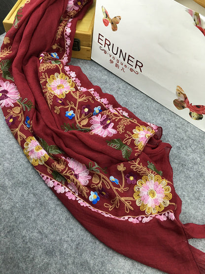 Embroidery Linen Flower Shawl Cotton And Linen Versatile Long Sunscreen Travel Scarf