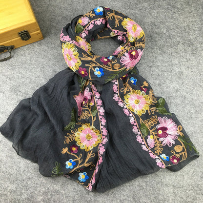 Embroidery Linen Flower Shawl Cotton And Linen Versatile Long Sunscreen Travel Scarf