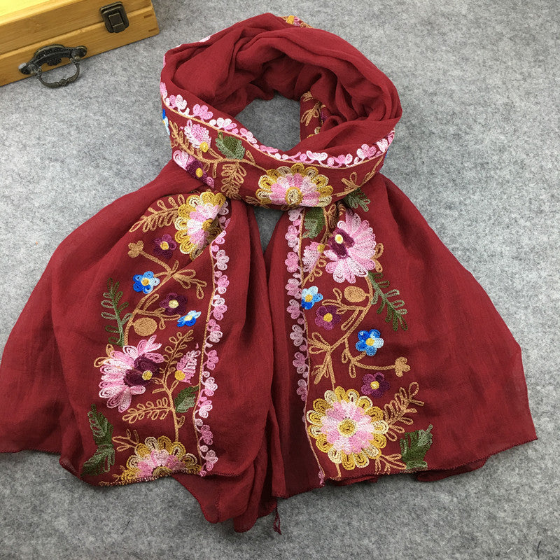 Embroidery Linen Flower Shawl Cotton And Linen Versatile Long Sunscreen Travel Scarf