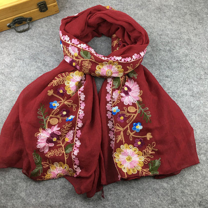 Embroidery Linen Flower Shawl Cotton And Linen Versatile Long Sunscreen Travel Scarf