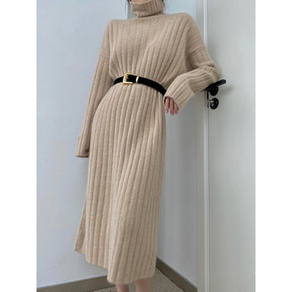 Simple Loose Long Sleeves Keep Warm Solid Color High-Neck Sweater Dresses