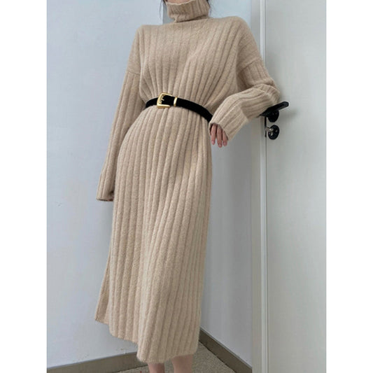 Simple Loose Long Sleeves Keep Warm Solid Color High-Neck Sweater Dresses