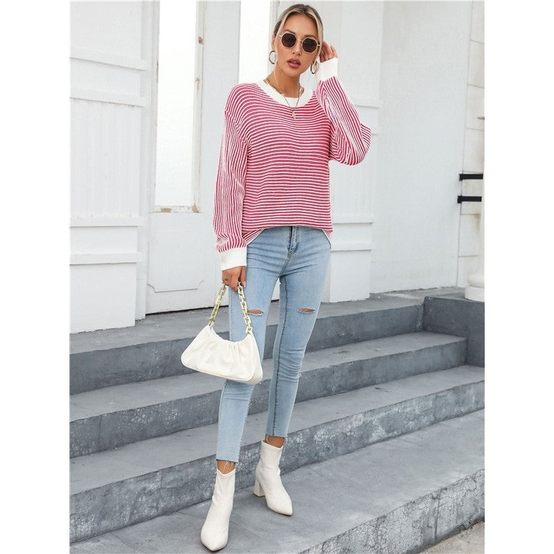 Striped Simple Crew Neck Long Sleeve Sweater