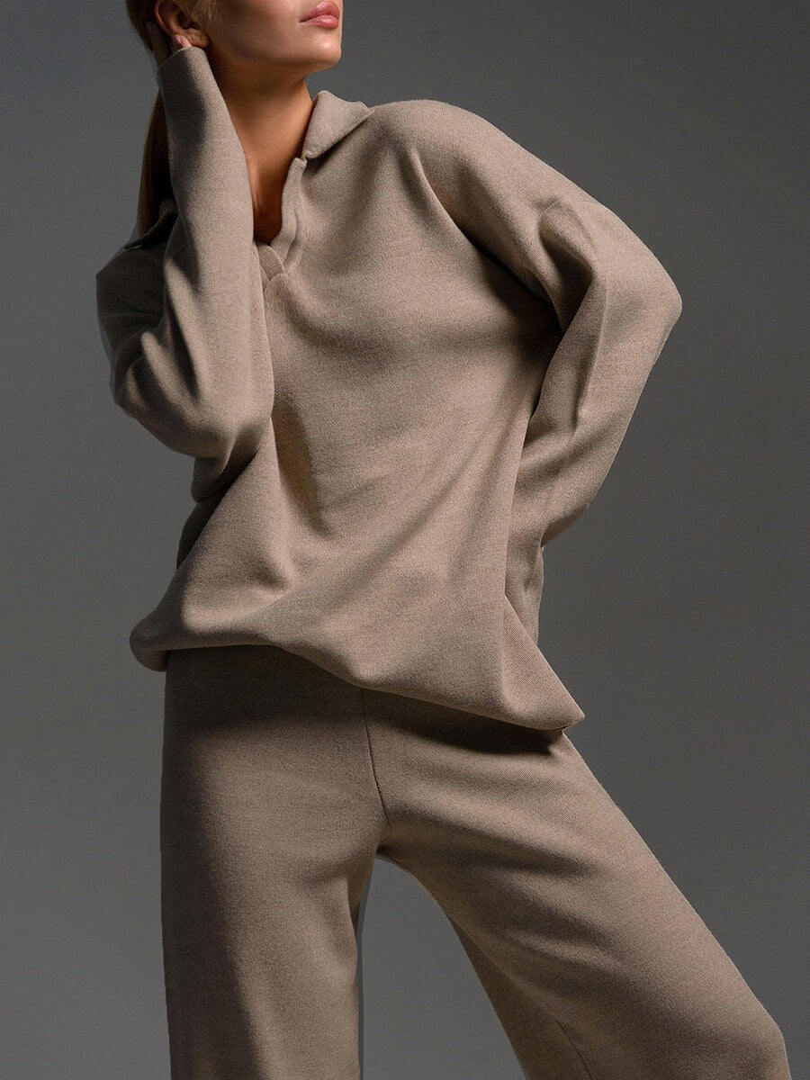 2+Solid Color Label V-Neck Knit Sets