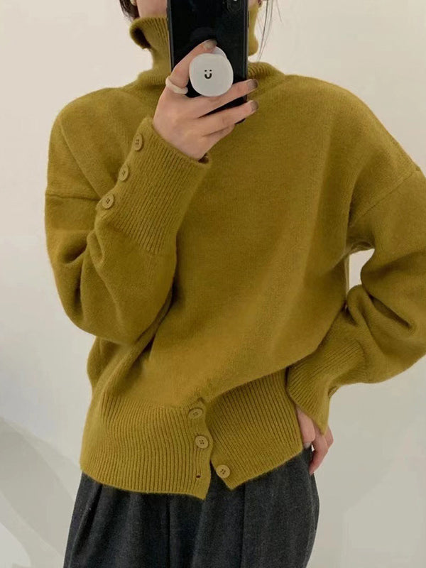 Simple Loose Long Sleeves Solid Color High-Neck Sweater Tops