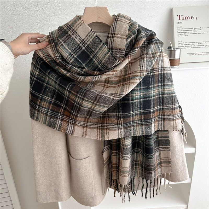 Color Block Plaid Fringe Scarf