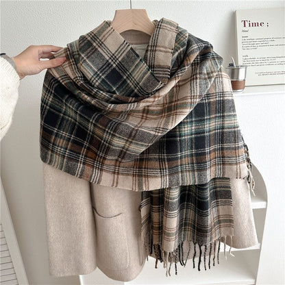 Color Block Plaid Fringe Scarf