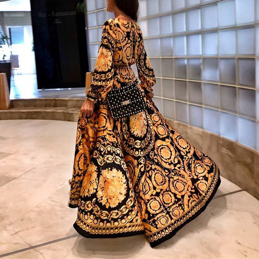 Early Autumn Long Sleeve V-Neck Print Maxi Dress
