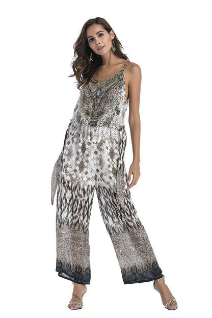 5 Pattern Wide-Leg Pants Sexy Halter V-Neck Lady Print Panties Chiffon Rompers