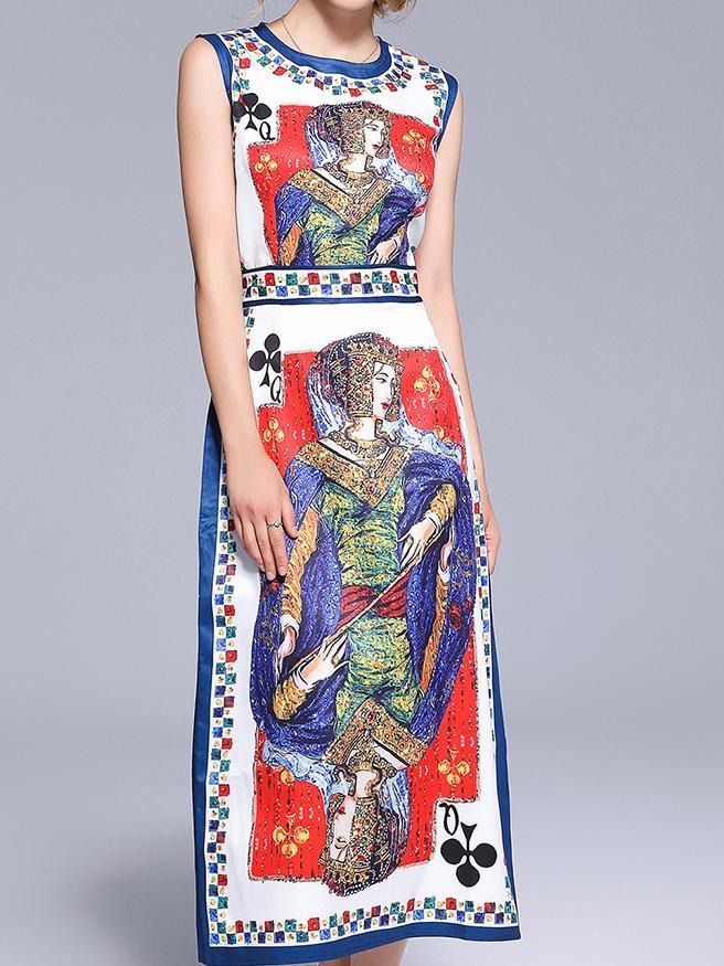 New Stylish Slim Fit Split Hem Poker Printing Vest Dress