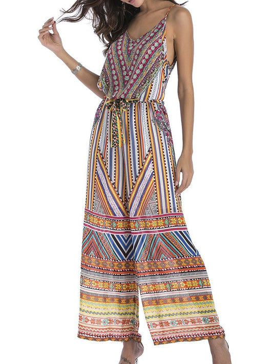 5 Pattern Wide-Leg Pants Sexy Halter V-Neck Lady Print Panties Chiffon Rompers