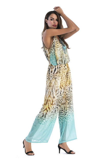 5 Pattern Wide-Leg Pants Sexy Halter V-Neck Lady Print Panties Chiffon Rompers