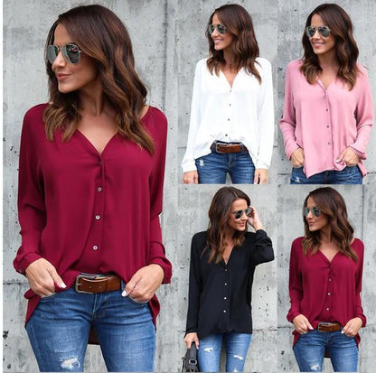 4 Colors V-Neck Long Sleeve Solid Color Women Shirt Cardigan