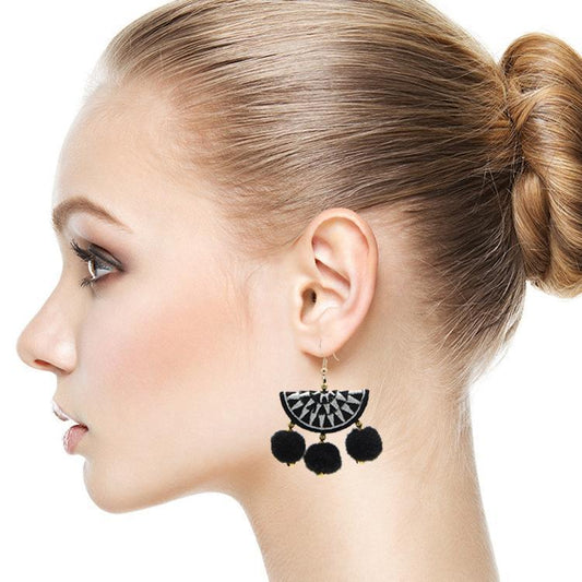Women Earring Ball Earrings Short Statement Multi-Layer Big Velvet Fan-Type Earrings Fringe Jewelry Vintage Bohemia