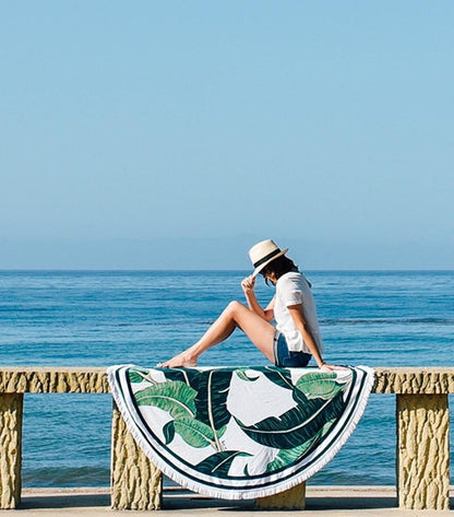 Hot Sale Green Leaves Printed Fringed Beach Towel Sun Shawl Variety Scarf Yoga Cushion Mat