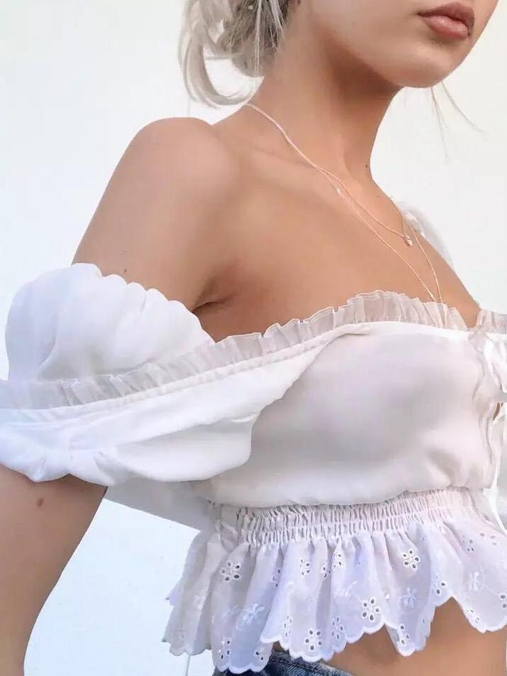 Girl Lace Puff Sleeve Short High Waist Top