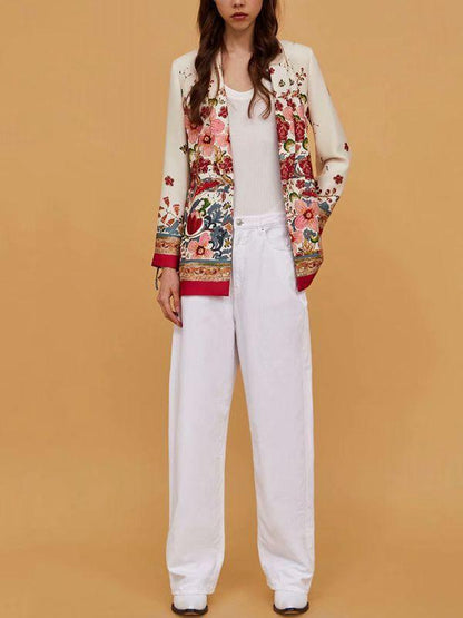 Summer Bohemia Fashion Belt Printing Long Sleeve Casual V-Neck Coat