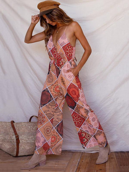 Print Spaghetti Strap Wide Leg Pants Jumpsuit Rompers