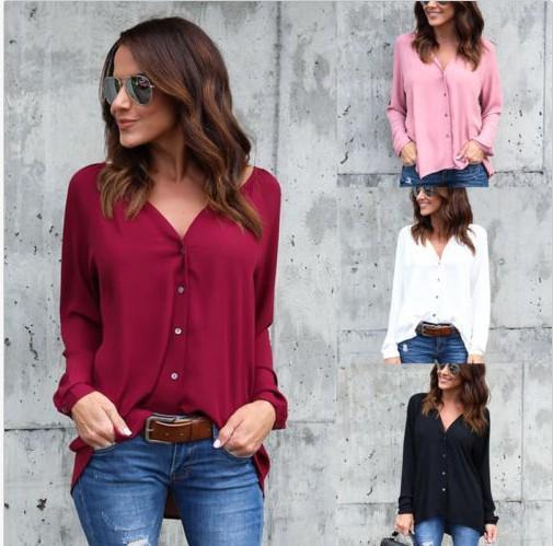 4 Colors V-Neck Long Sleeve Solid Color Women Shirt Cardigan