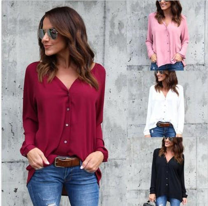 4 Colors V-Neck Long Sleeve Solid Color Women Shirt Cardigan