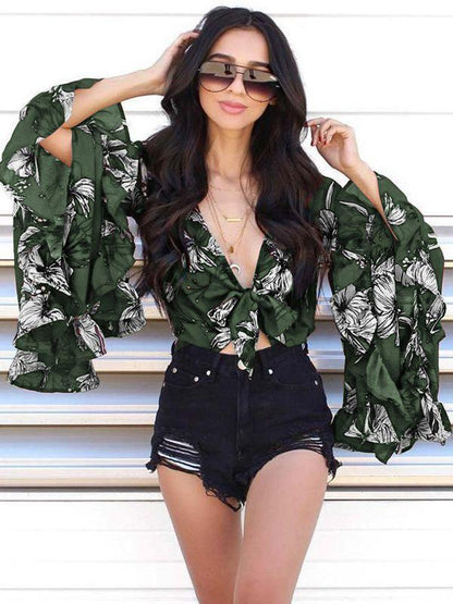 Flared Sleeve Ruffled Irregular V-Neck Top