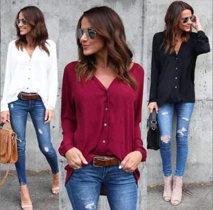 4 Colors V-Neck Long Sleeve Solid Color Women Shirt Cardigan